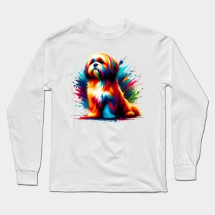 Vibrant Lhasa Apso in Colorful Splash Art Style Long Sleeve T-Shirt